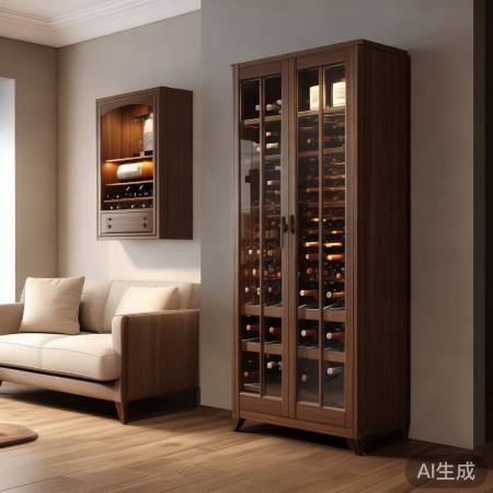 红酒柜摆设，宽敞客厅沙发旁，小
