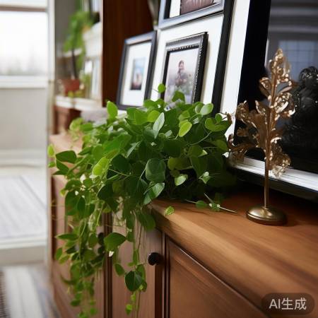 电视柜装饰，绿植照片，温馨适度