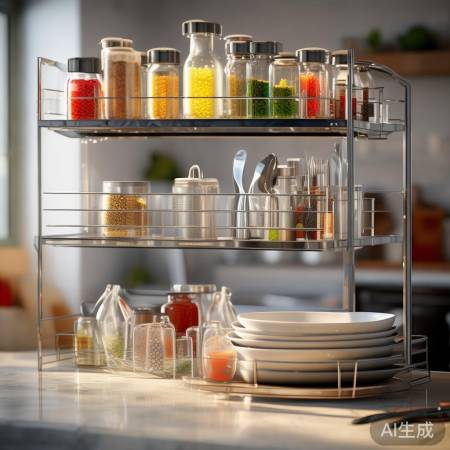 巧用置物架,方便厨房用品。