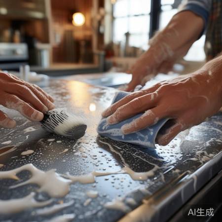 擦拭油烟机外壳，顺纹理去污。