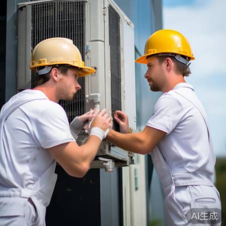 两人拆室外机，拧螺丝